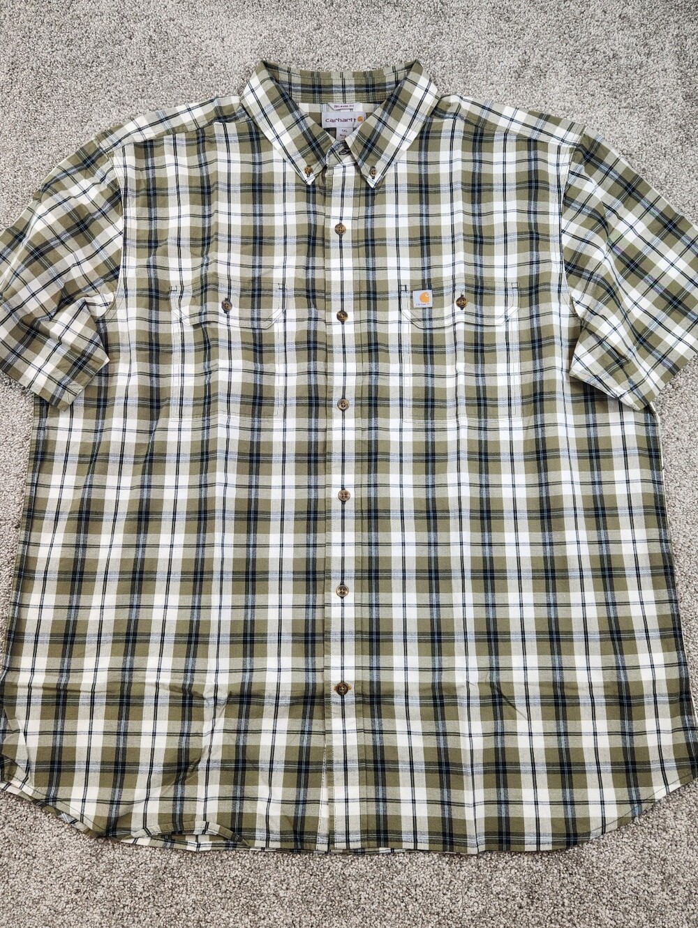 Carhartt Mens Relaxed Fit Plaid Button Up Shirt 2XL Green Short Sleeve
